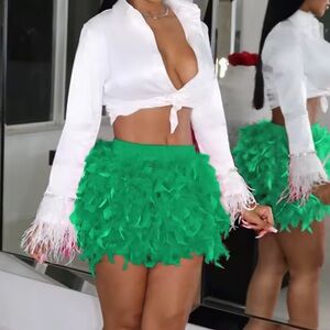 Green Feathered Mini Skirt